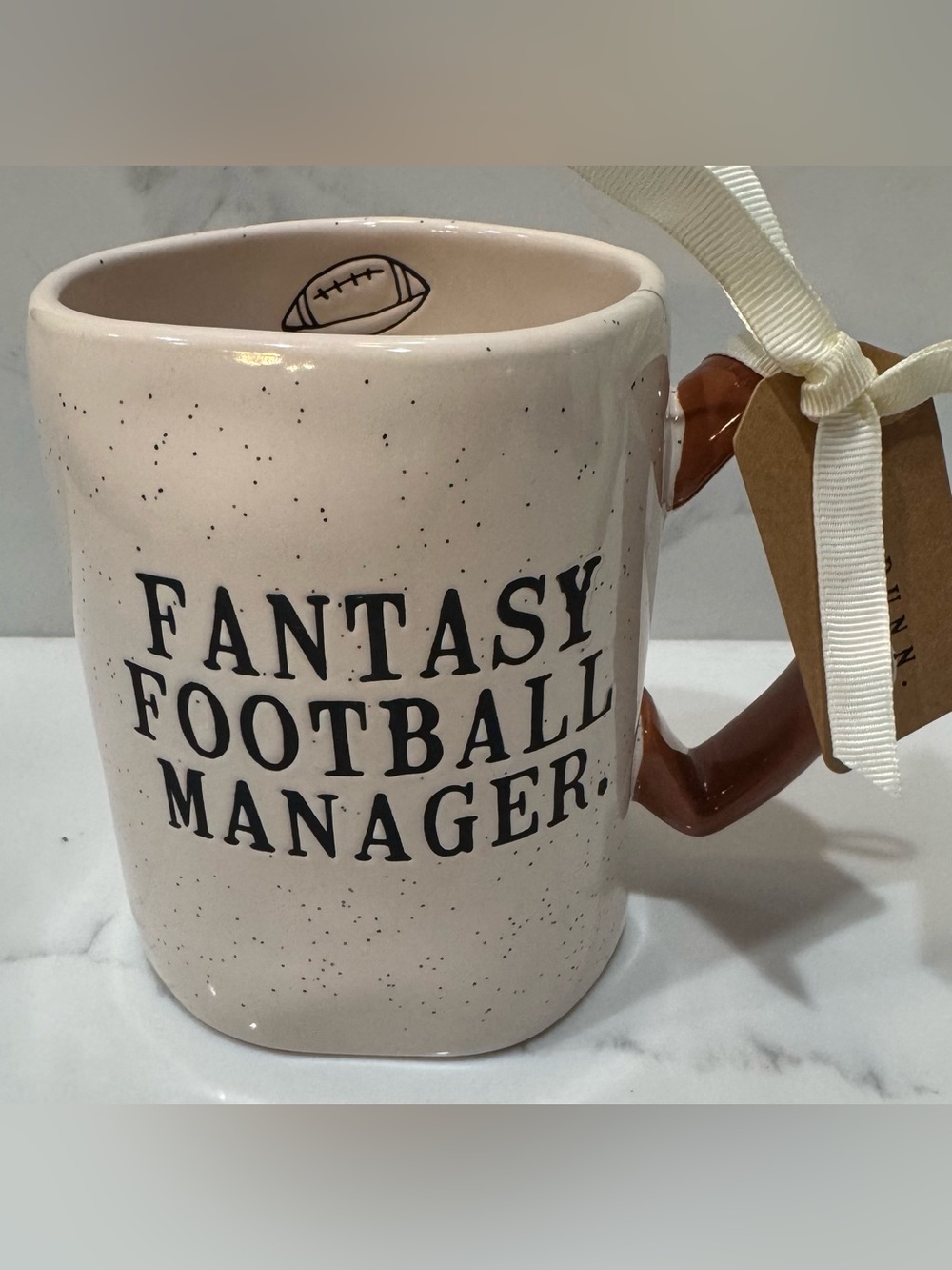 Rae Dunn Football Speckled Coffee Mug “Fantasy Football Manager” Lace Handle NWT